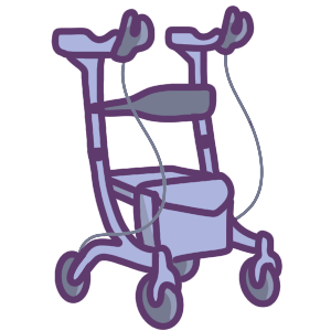 A purple and grey upright rollator with a bag attached to the front of the seat, and a strap for back support when sitting. The upright rollator is taller, and has platforms for one’s forearms to rest on while walking.